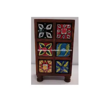 Natural Finish Hand Painted 6 Drawer Wooden Ceramic Spices Box