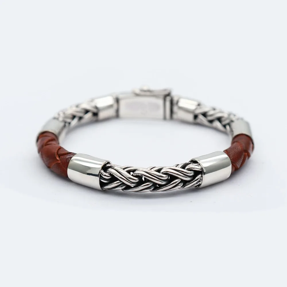 Hand Made Sterling Silver 925 Bracelet Men Genuine Leather Bracelet
