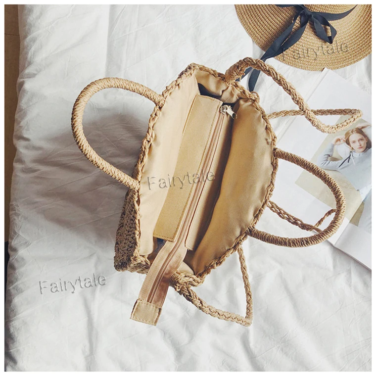 Straw Round Handbag Moroccan Natural Woven Beach Straw Bag