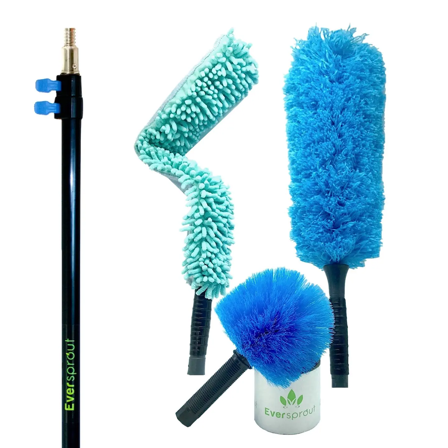 EVERSPROUT Duster 3-Pack with Pro-Pole (18-20 Foot Reach) | Hand-packaged Cobweb Duster, Microfiber Feather Duster, Flexible Microfiber Ceiling & Fan Duster | 12-Foot Aluminum Extension Pole (3-Stage)