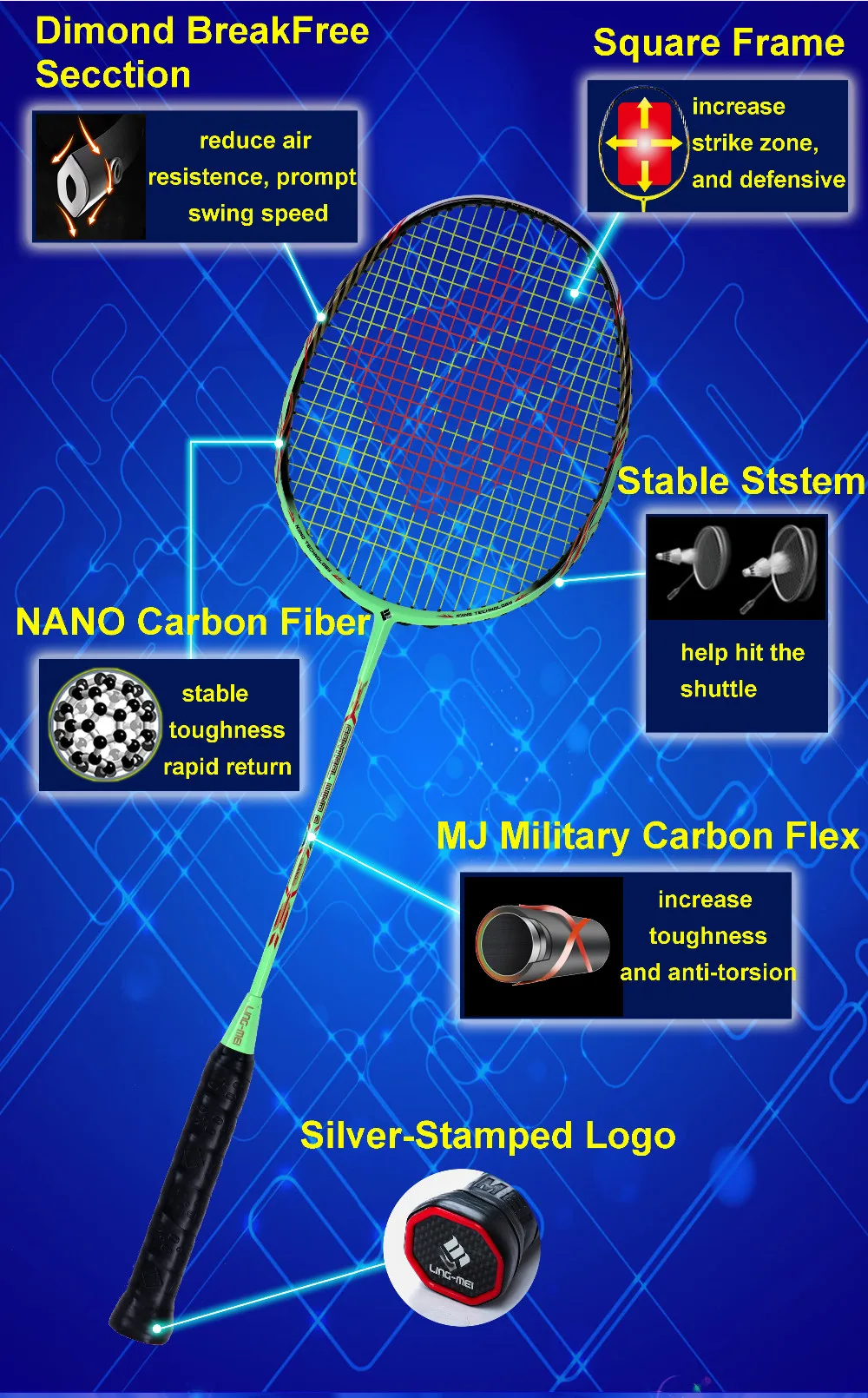 Top Badminton Rackets 5u Carbon Fiber Ling Mei Brand 40t - Buy Top ...