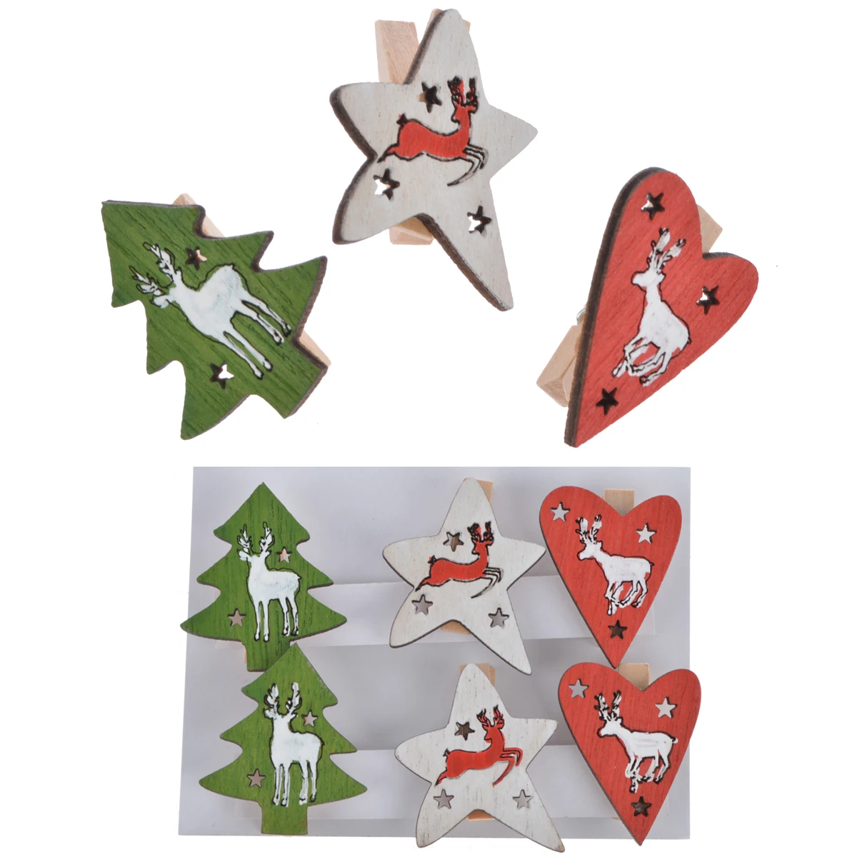 6pcs Mini Christmas Theme Wooden Pegs Paper Clips Star/heart/tree Decoration