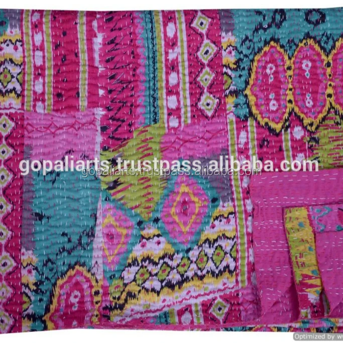 Indian Ikat Kantha Quilt Handmade Bedspread Twin Size Reversible Gudari Blanket