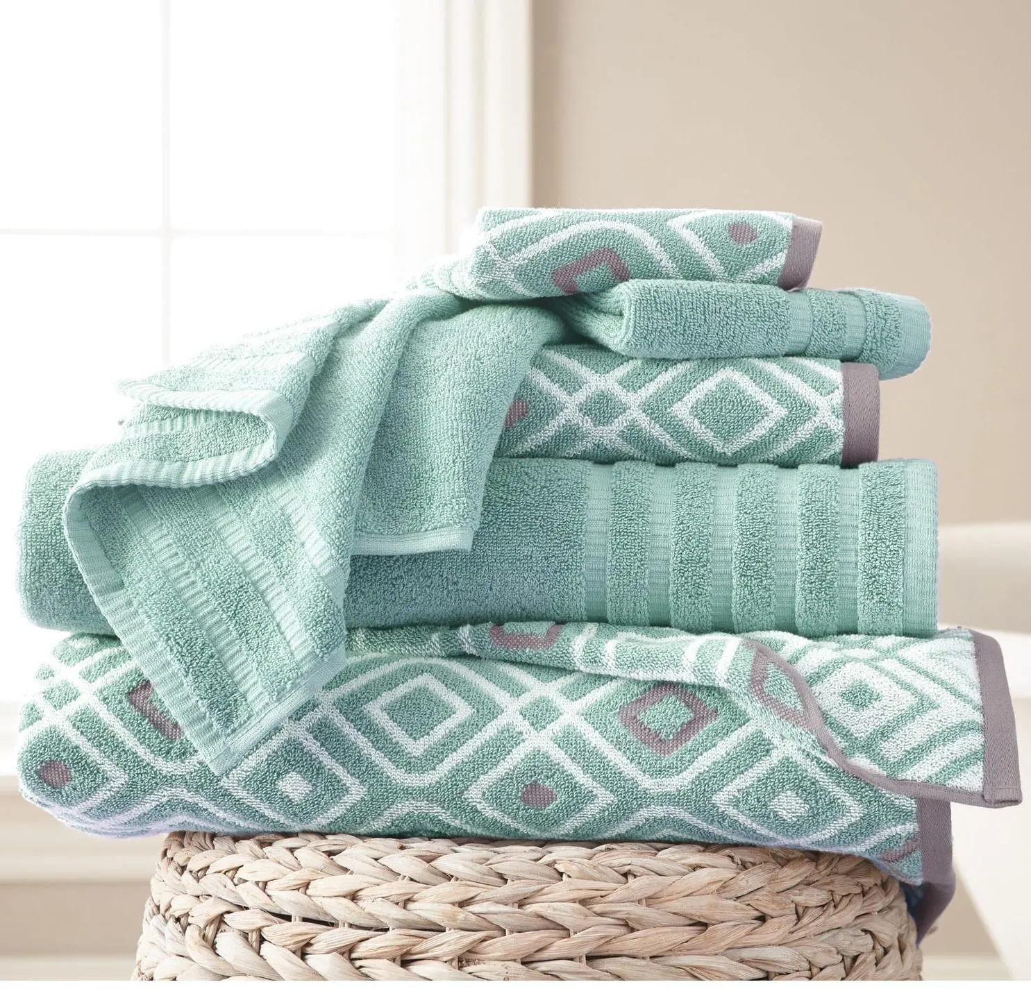 teal and gray towels
