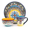 Spanish/Mexican Floral Design, Multicolor, Service for 4, Vibrant 16 Piece Ceramic Dinnerware Set