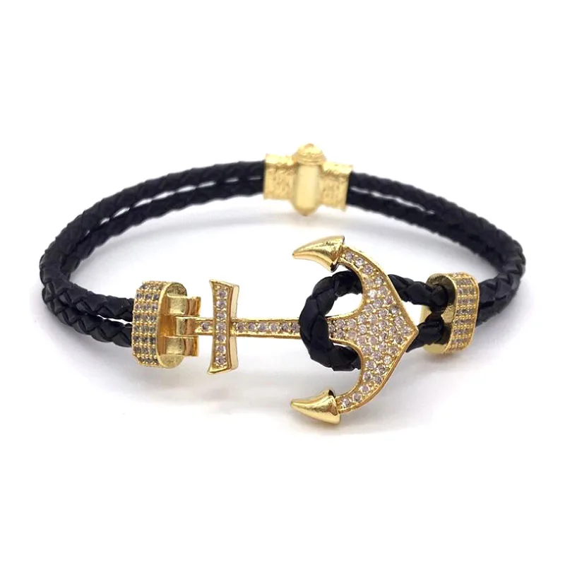 Retro Navy Styles Zirconia Crystal Genuine Leather Gold Anchor Bracelet ...