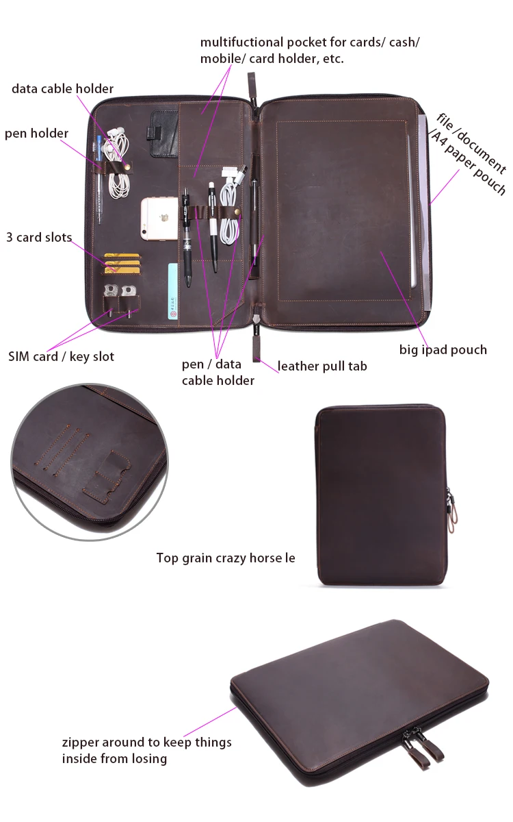 Fits A4 file documents travel vintage leather briefcase business men zipper organizer leather portfolio file folder 