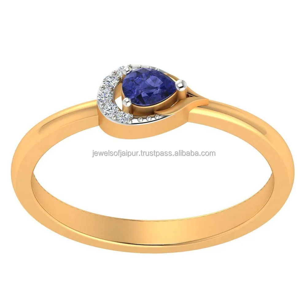 Anillo de mujer 585 oro dorado 1 zafiro azul goldring zafiro anillo 14 quilates...