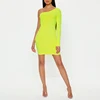 neon yellow simple woman apparel one shoulder wrap casual mini dress