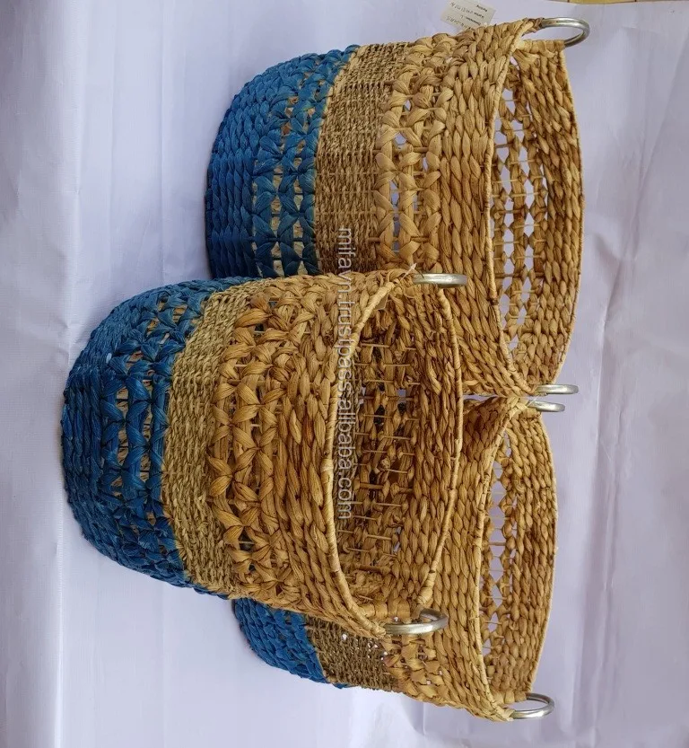 Braided Yarn Mix Blue Line Water Hyacinth Basket With Handles Suitable For Storage Clothes Buy