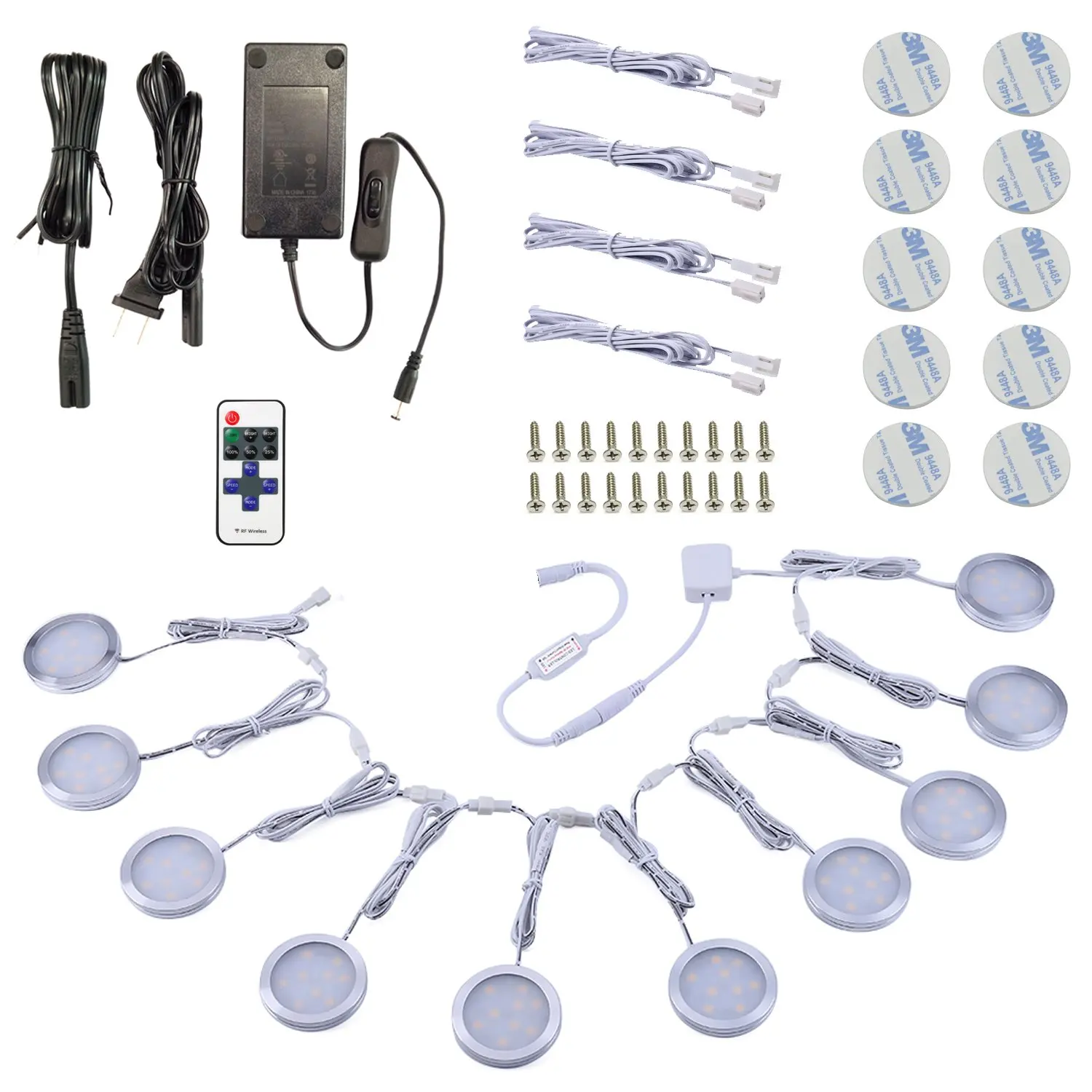 AIBOO Linkable Under Cabinet LED Lighting 12V Dimmable Puck Lights with Wireless RF Remote Control, Hardwired & Wall Plug in for Display Lighting(10 Lights, Daylight)