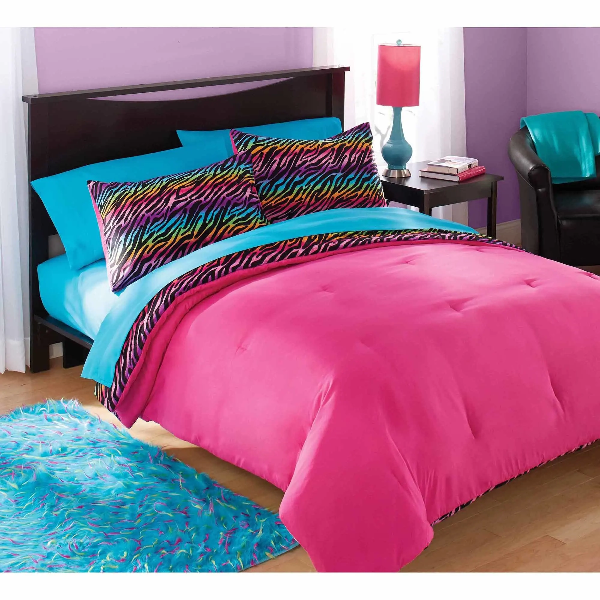 Buy 5 Piece Hot Pink Solid Themed Comforter Full Queen Set For