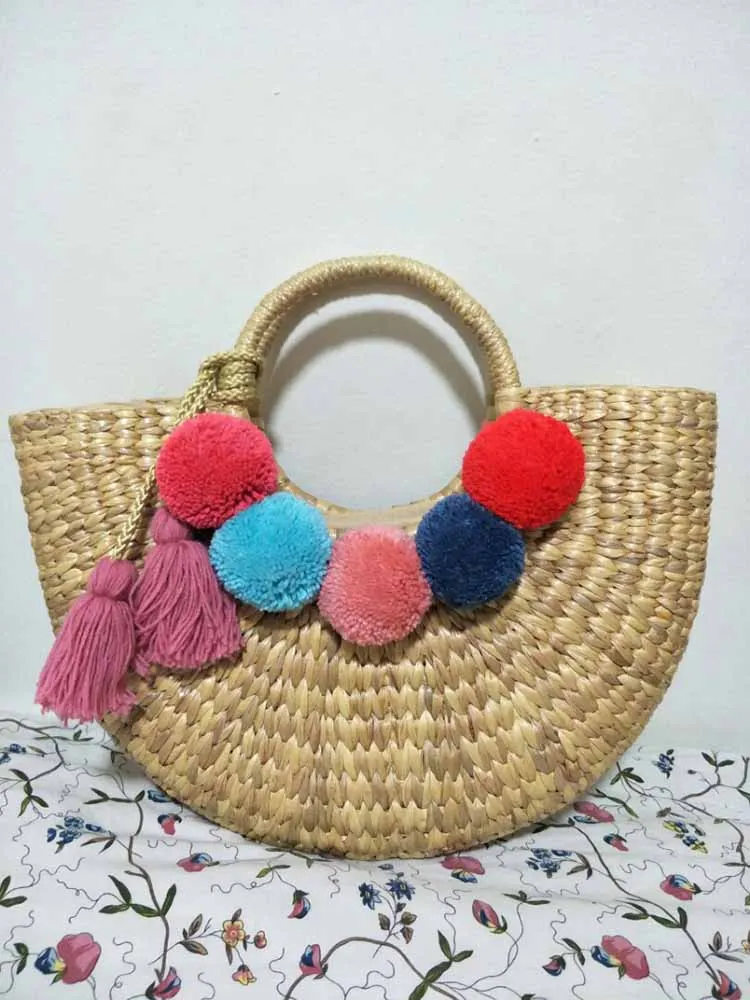 New Round Handle Straw Beach Bag Moroccan Straw Bag Hand Made Wholesale