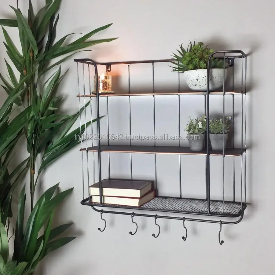 Industrial Wall Shelf With 3 Shelves Hanging Hooks Buy Antique Wall Shelf Modern Curved Wall Shelf 3 Story Wall Shelf With Product On Alibaba Com