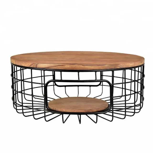 Möbel lagerung Schwarz Metall Draht Korb Holz Top Seite Kaffee Tisch
