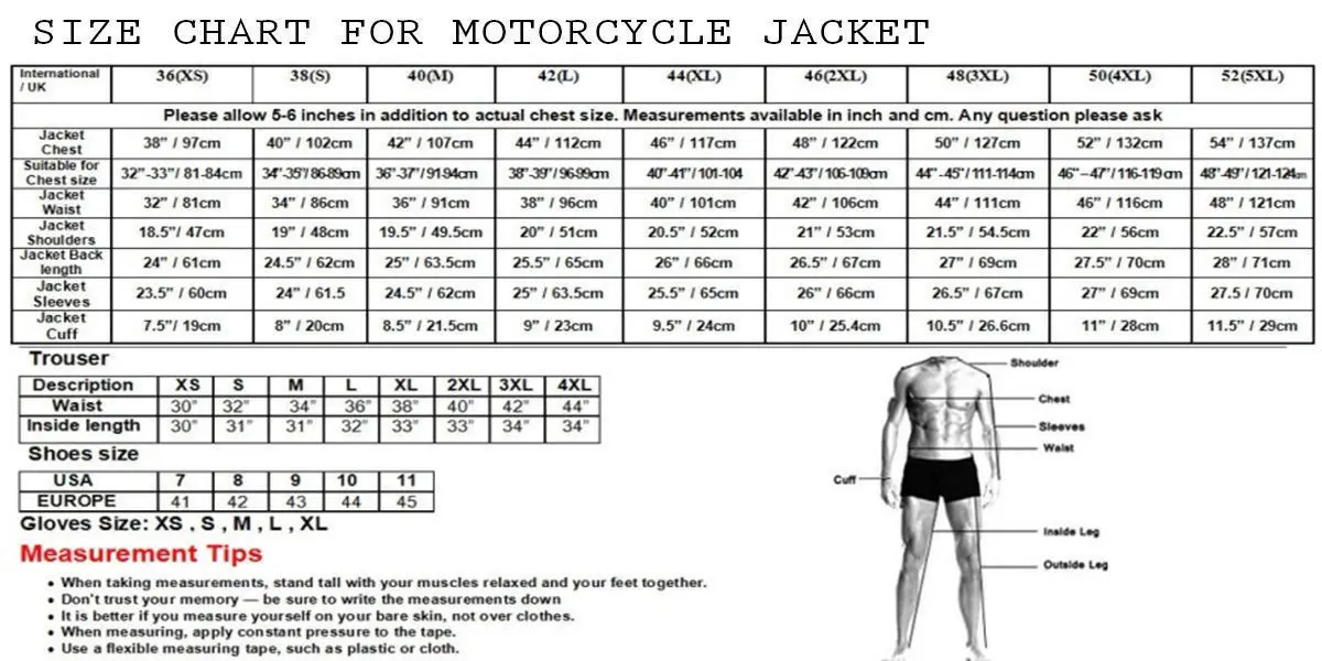 Motorbike Leathers Size Chart
