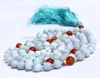 Blue lace Agate, Carnelian Round Beads Knotted Long Mala Necklace
