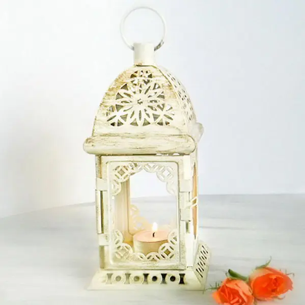 LANTERN White Metal and Clear Glass Moroccan Style Wedding Candle Lamp NEW