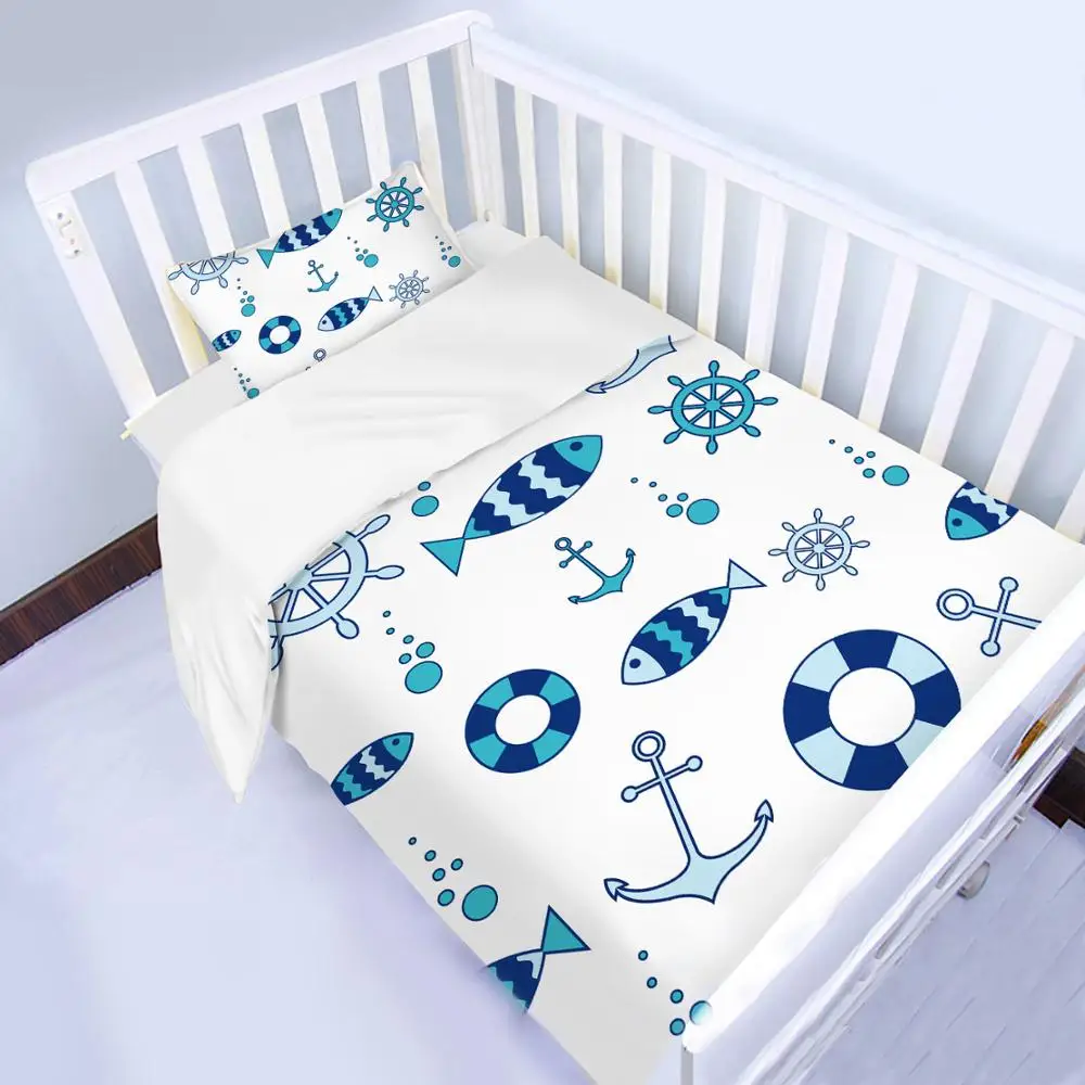 Navy Blue And White Fish And Anchor 3d Baby Crib Comforter Set