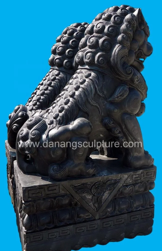 Vietnamese Factory Hand Carved Foo Dog Statue Black Marble Statues Fu