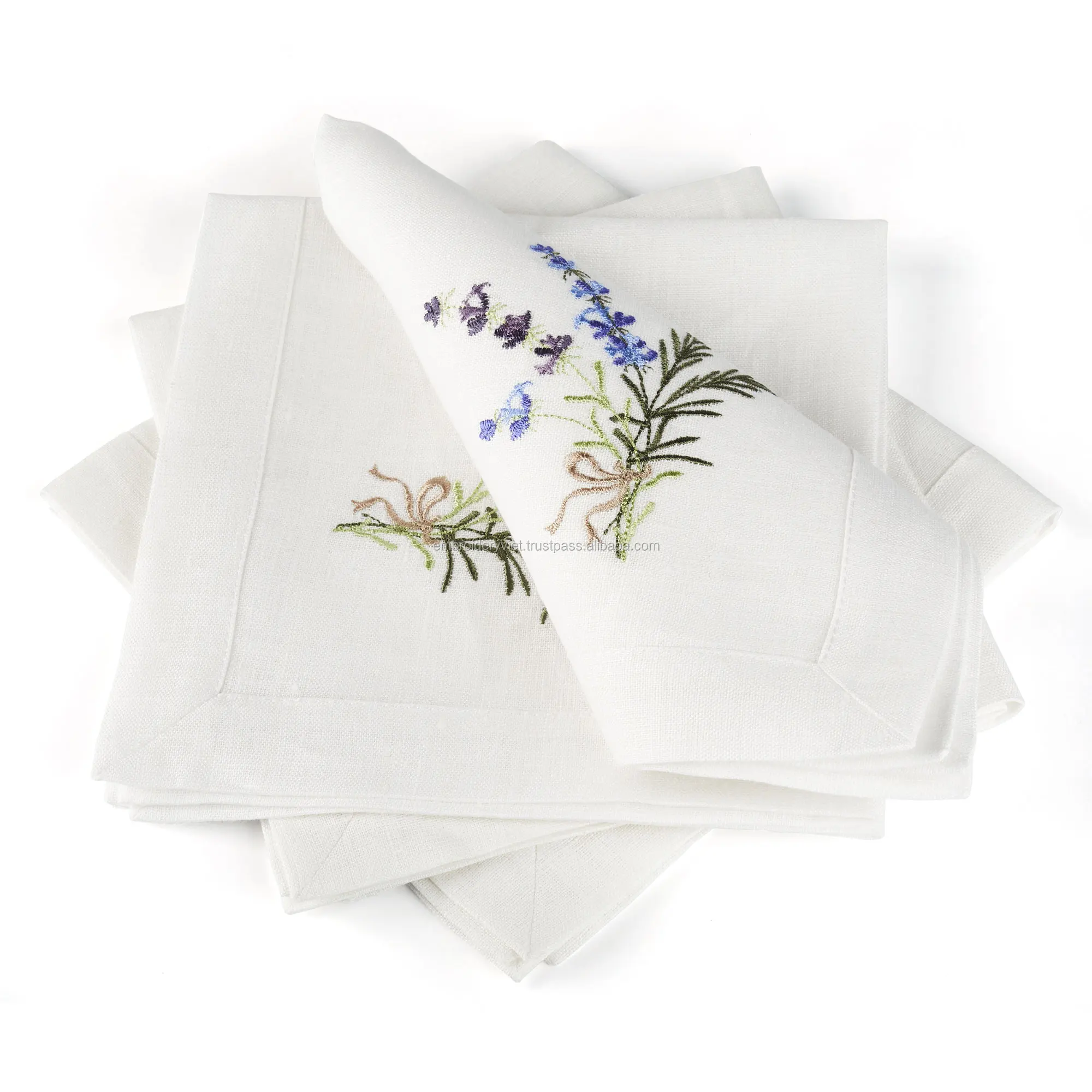 100 Linen Hand Embroidery Lavender Pattern Tea Napkin For Restaurant