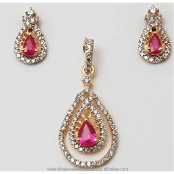 Pear Design Ruby Diamond Studded Pendant With Little Stud Pear Design Ruby Diamond Studded Pendant With Little Stud Earrings