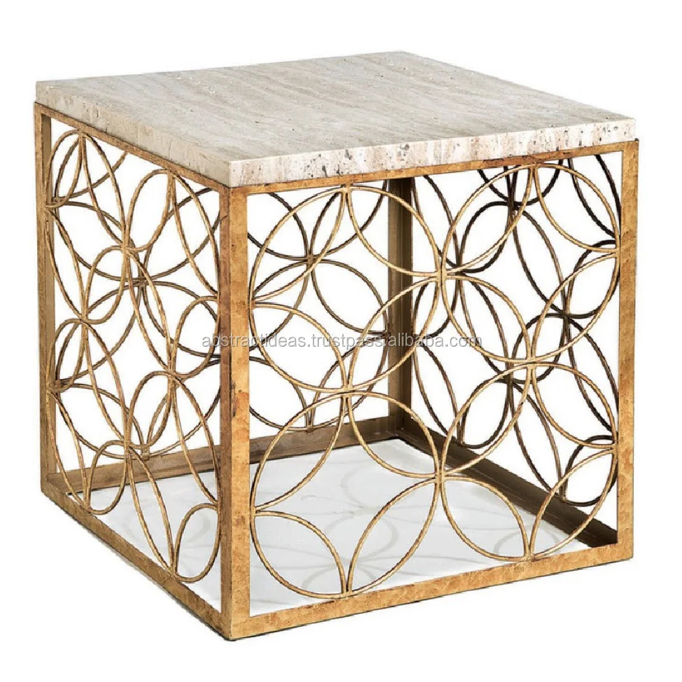 Gold Leaf Square Side Coffee Table Metal Frame Glass Marble Top