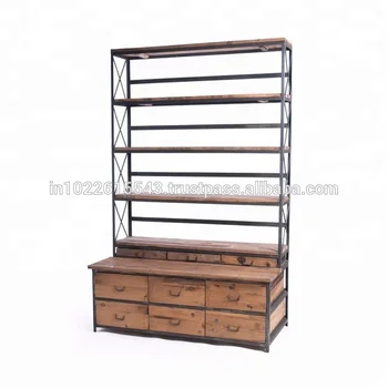 Industrial Metal Wood Bookshelf With Wooden Drawers Buy Design