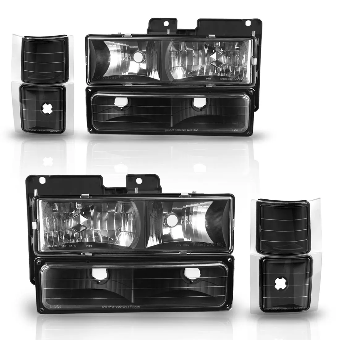 Headlight Assembly kit for Chevy C/k Series 1500 2500 3500 / Chevy Tahoe / Chevy Suburban / Chevy Silverado Crystal Headlamp w/ Corner & Bumper Chrome Housing with Clear Lens,2 Year Warranty (Black)