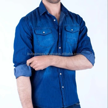Manga Larga 100% De Los Hombres Denim Camisas Jeans En Color Top tipo raso con escote pico azul Liberatta