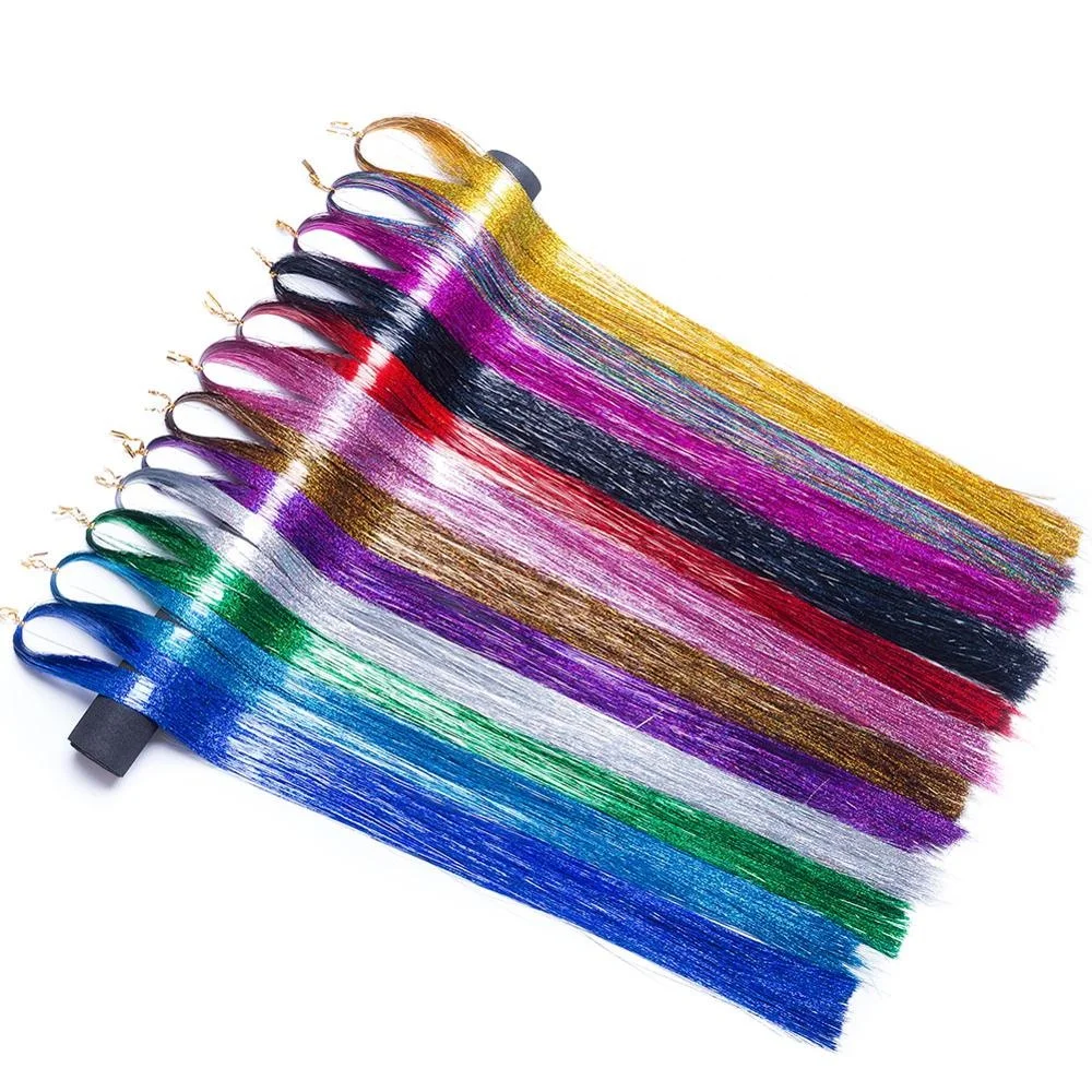 Hair Tinsel Sparkl Glitter Hair Tinsel 120cm 48inch laser Synthetic Hair Extension Glitter Rainbow For Girls And Party