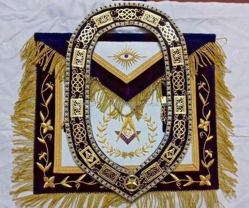 MASONIC GRAND LODGE PAST MASTER APRON WITH METAL CHAIN COLLAR PURPLE-AAP