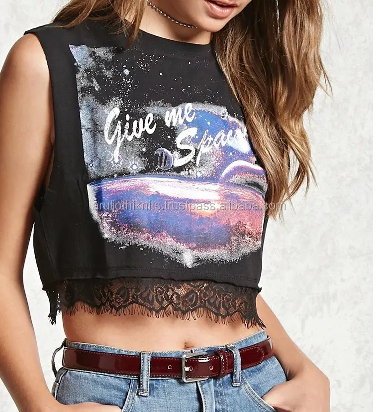 Digital Printed Women's Crop Top With Lace Trim - Buy Custom Printed ...