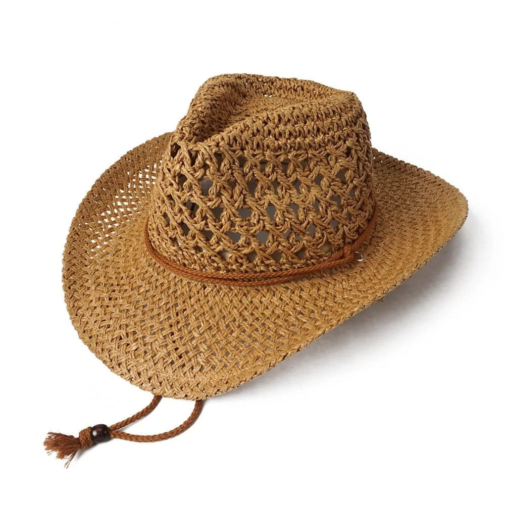 Western Hat Style Paper Straw Cowboy Hats Unisex With Cotton String