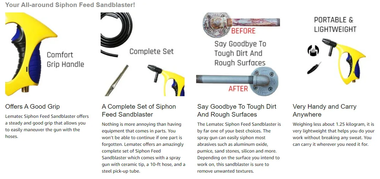 LEMATEC Siphon Feed Sand Blaster Nozzle Gun Sandblaster Portable Soda Sandblasting Gun With Hose