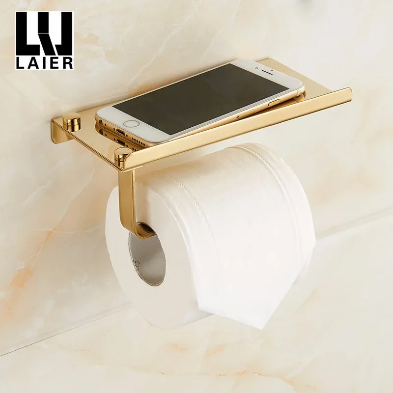 Gold Plated Bathroom Tissue Holder With Mobile Phone Storage Shelf