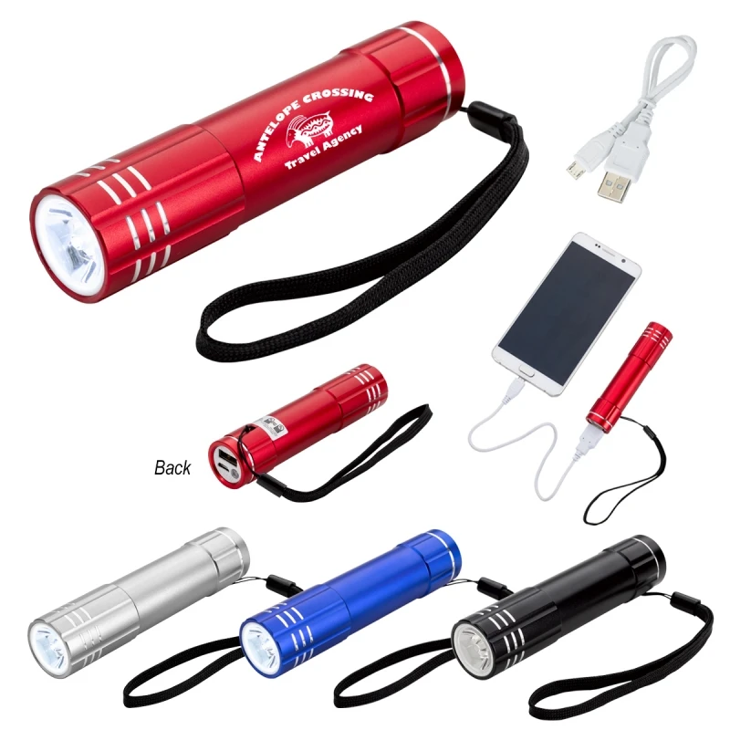 UL Listed Flashlight Power Bank - has extra bright 1 watt LED light and comes with your laser engraved logo.