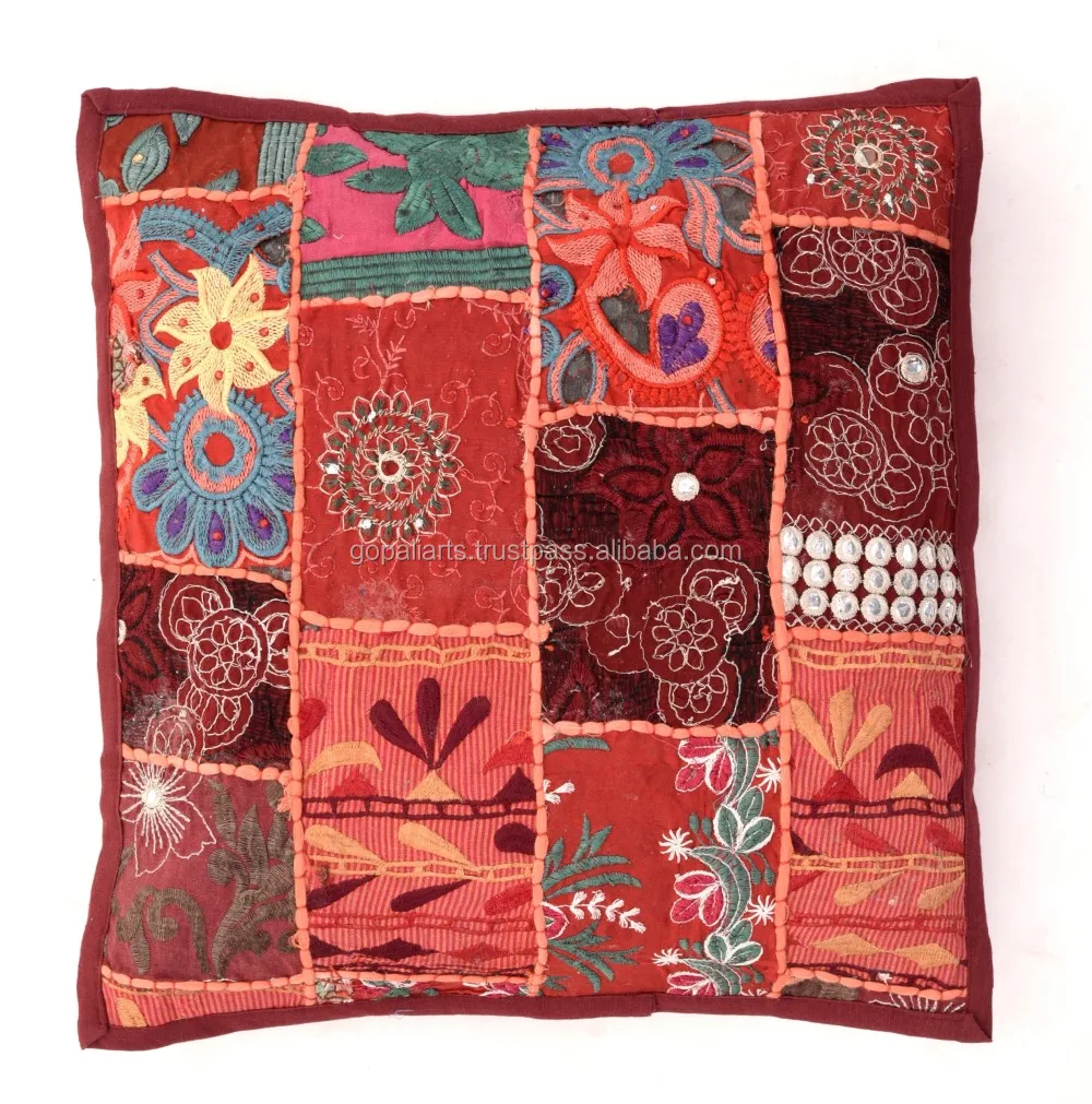 Indian Heavy Embroidery Patchwork Bead Work Decorative Square Cushion Cover 16/"