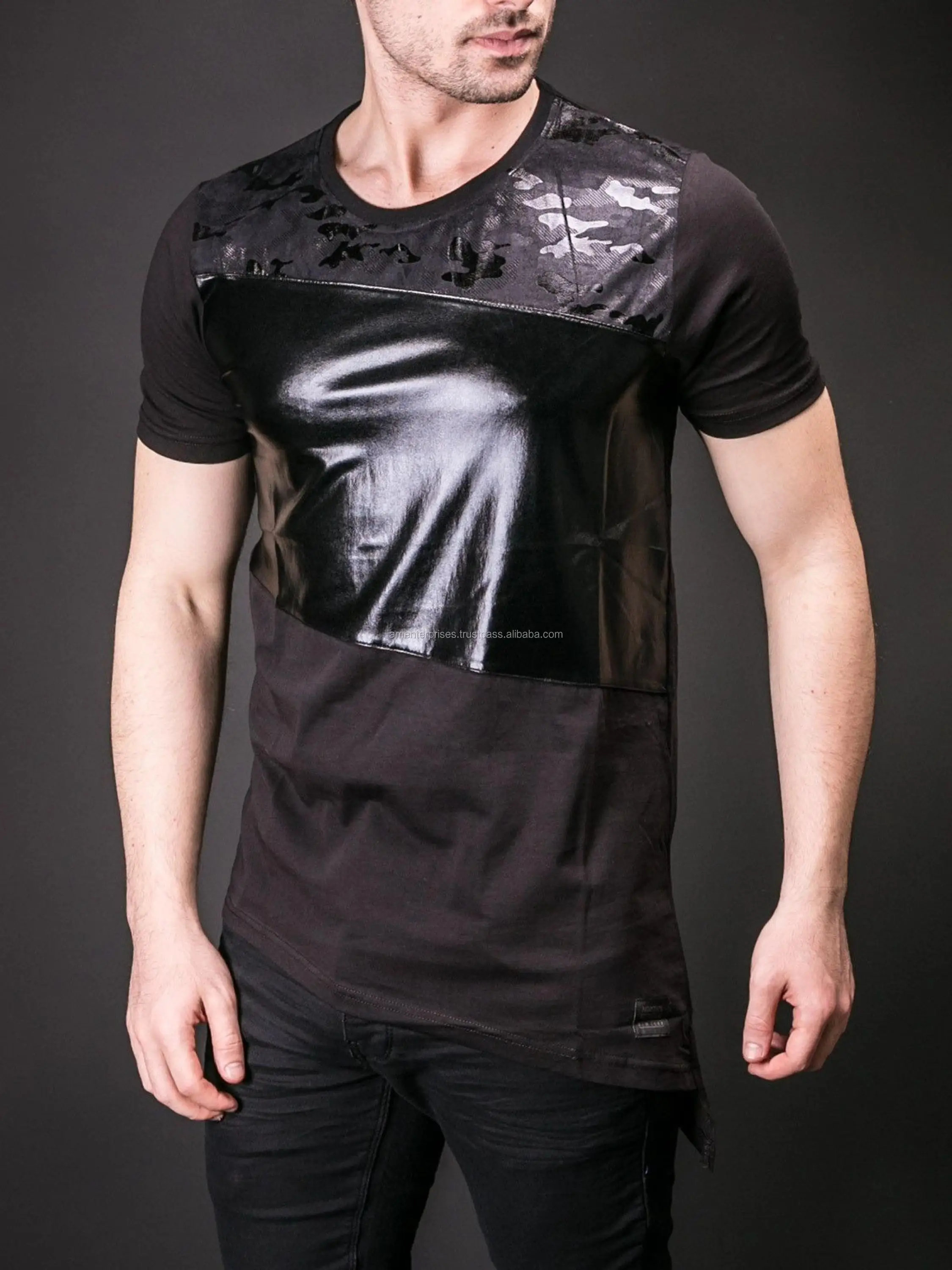 Leather Sleeves T Shirt - Customized Faux Leather Sleeves Hem T Shirt ...