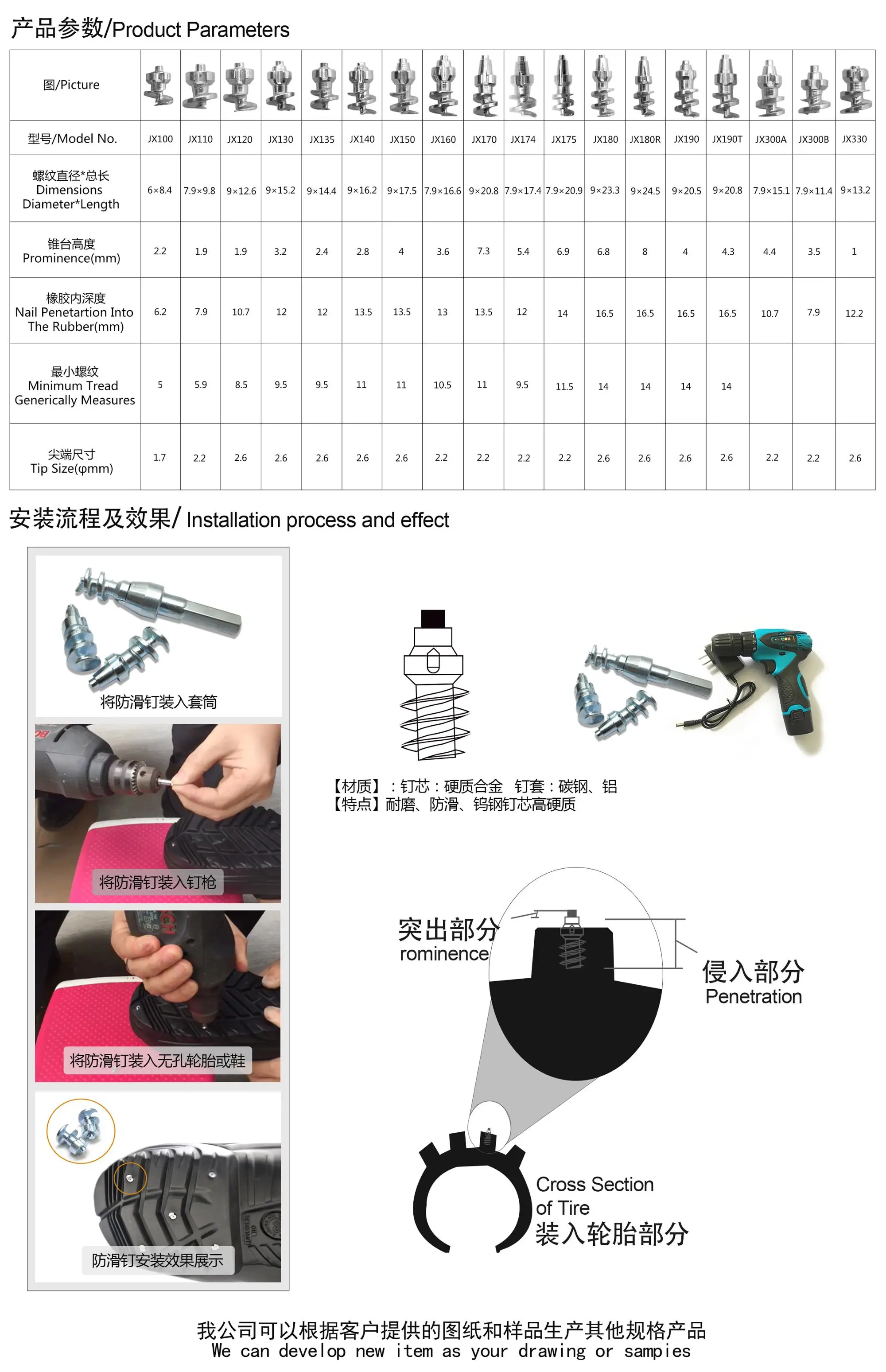 JX100 Removable Tire Studs Screw Snow For Shoes