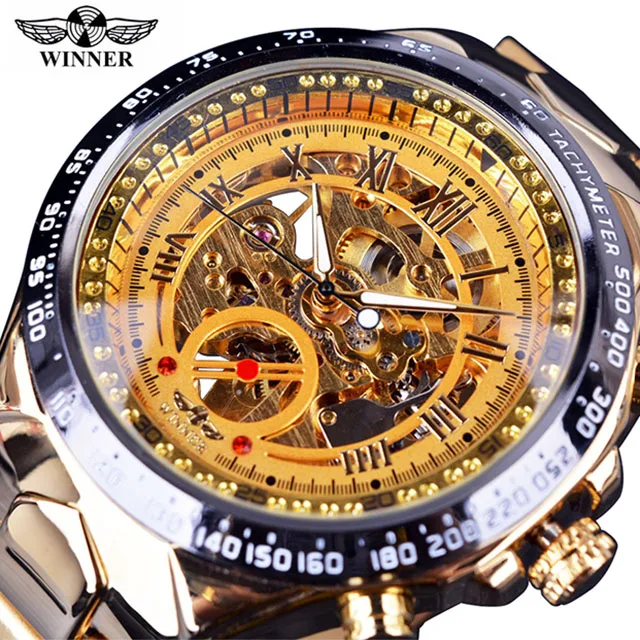 
Hot WINNER Golden Full Steel Waterproof Watches Men Wrist Luxury Skeleton Mens Automatic Mechanical Watch Relogio Masculino 