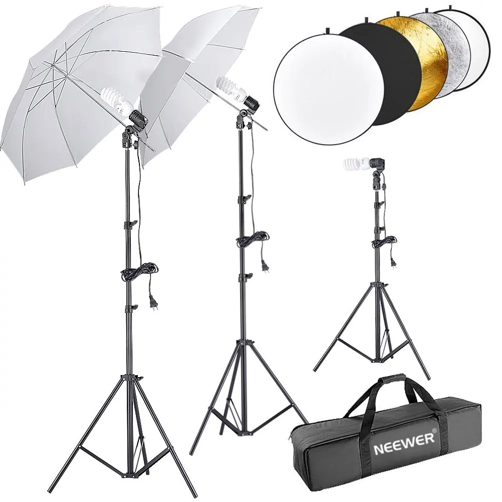 Neewer 600W 5500K Umbrella Reflector and Stand Kit Includes:(2)White Umbrella,(1)5-in-1 Reflector(2)6 feet and(1)1.6 feet Light Stand,(3)45W Bulb(3)Light Holder and(1)Carry Case for Studio Photography