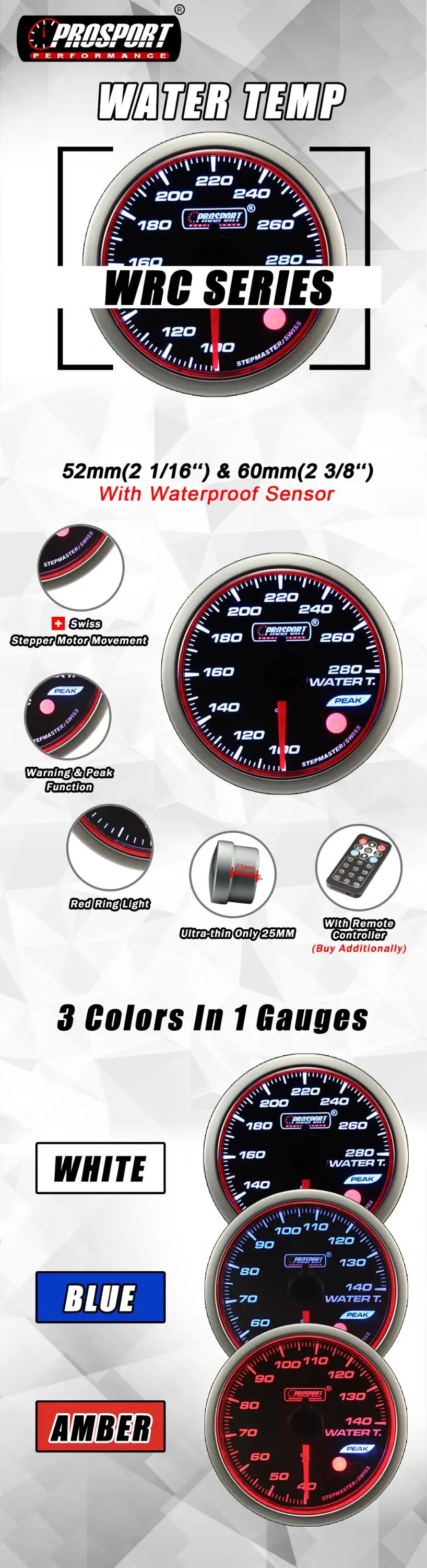 60mm Digital Analog 3 Colors Led Remote Water Temperature Gauge For Car