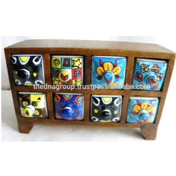 Indian Wooden Chest Cabinet 8 Ceramic Drawers Natural Wood Indian Wooden Chest Cabinet 8 Ceramic Drawers Natural