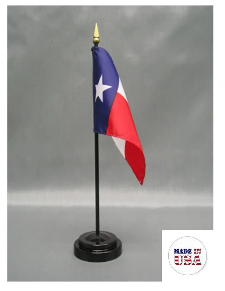 Includes a 2-Hole White Flag Stand and 2 Small 4x6 Mini Stick Flags Texas 1 American and 1 US State Miniature Rayon 4x6 Office Desk & Little Hand Waving Table Flags Made in USA 