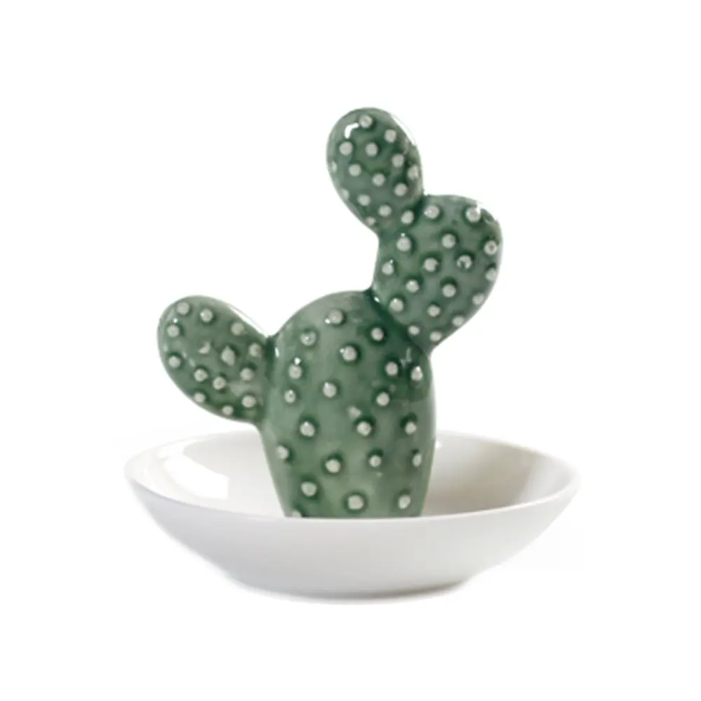 Owlgift Cactus Ring Holder Earring Trinket Tray Green Cactus Ceramic Dish for Jewelry Succulent Bracelet Storage Necklace Organizer Display