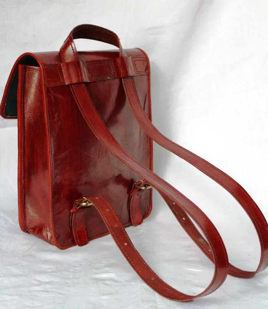 red leather laptop backpack