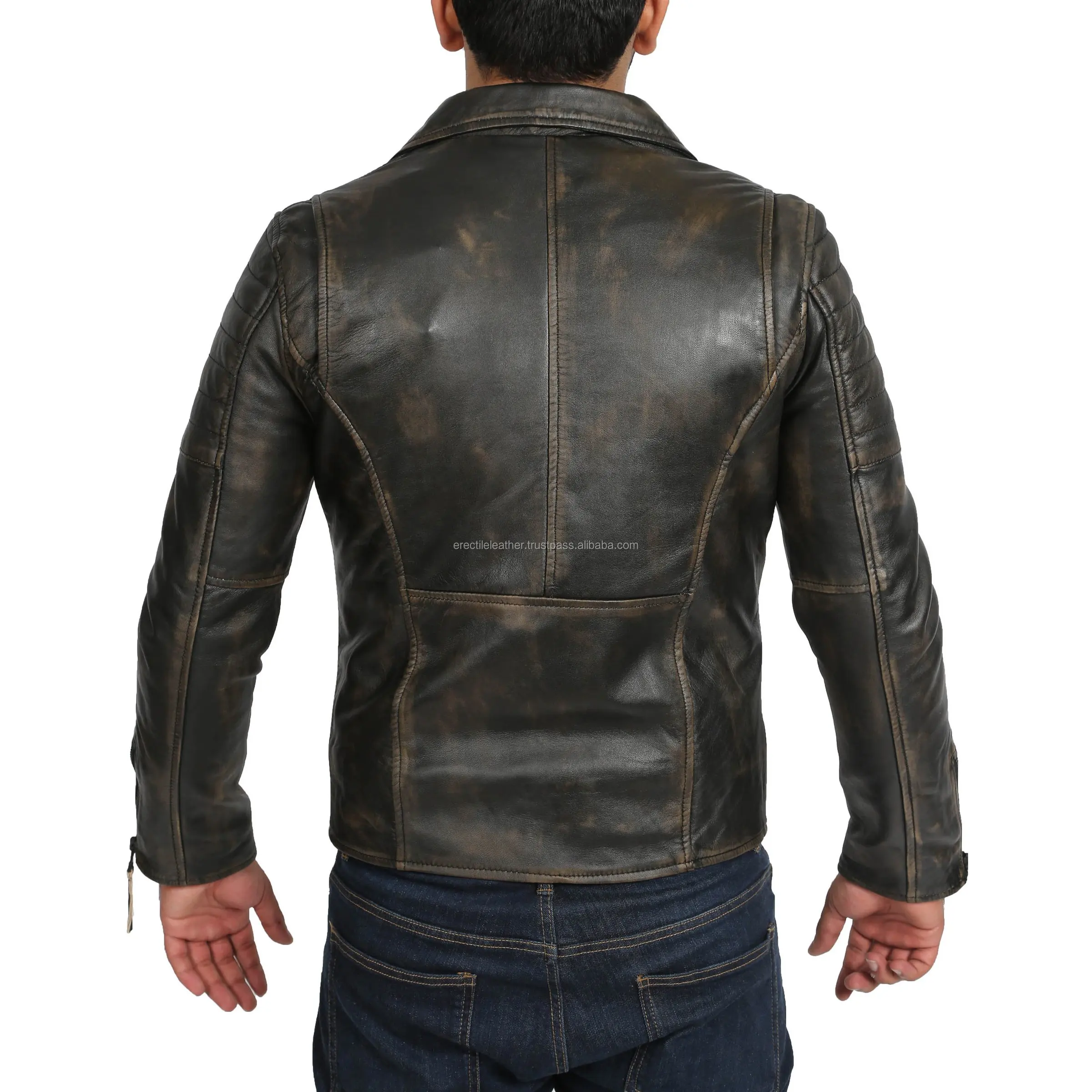 100% Genuine Cowhide Mens Biker Leather Jacket Dual Zip Hook Rub