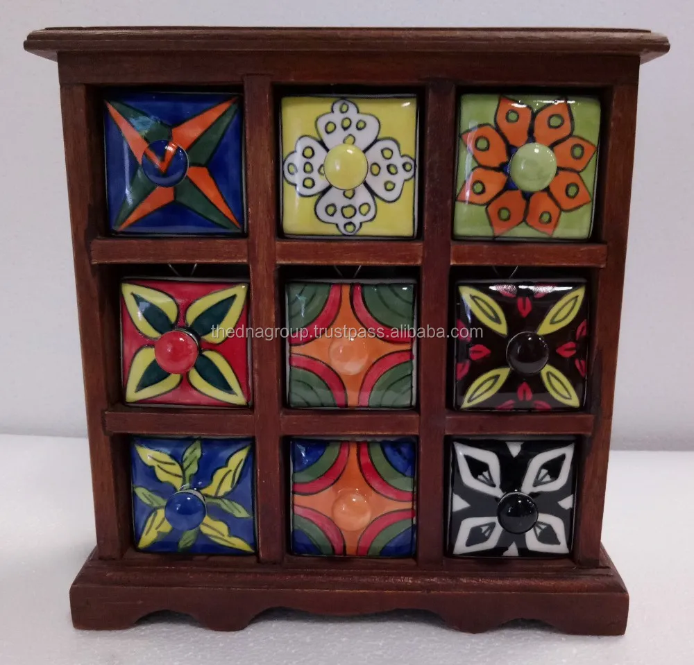 Natural Finish Hand Painted 9 Drawer Wooden Ceramic Spices Box
