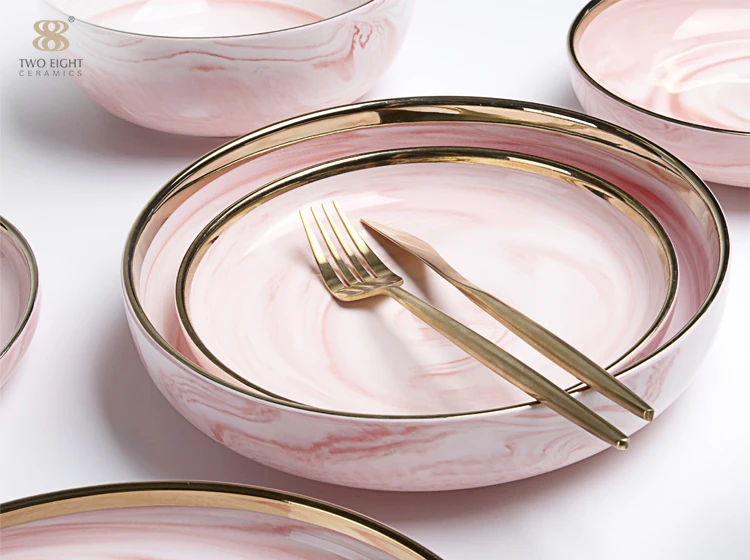 Best Selling Idea Latest Horeca Dinner Set Gold With Popular Design Marble Dish Pink Restaurant Dinner Set Porcelain@